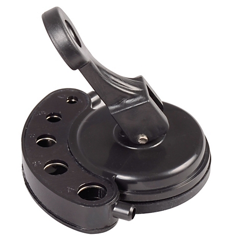 Schwarzer Saugnapf mit Griff, Halterung und Lochreihe.