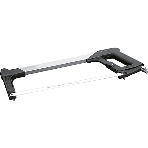 Scie à métaux avec poignée noire et porte-lame argenté.