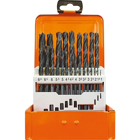 Bohrer-Set in orangefarbener Box. Bohrer sind in einem weißen Einsatz mit Größenangaben angeordnet.