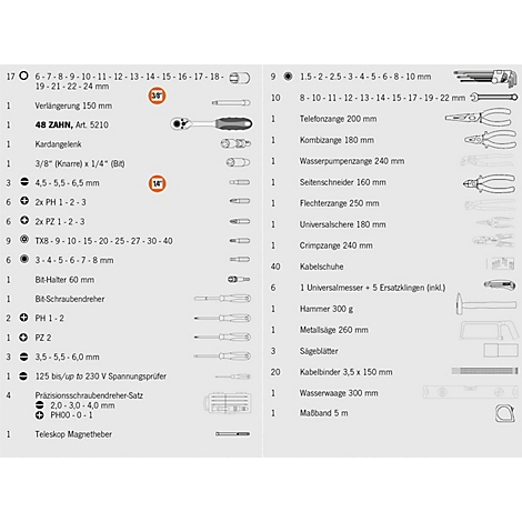 Liste de pièces d'outils, comprenant des clés, des pinces et des tournevis. Des illustrations sont à droite.