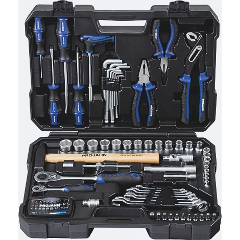 Mallette à outils noire avec divers outils bleus et argentés, ouverte.