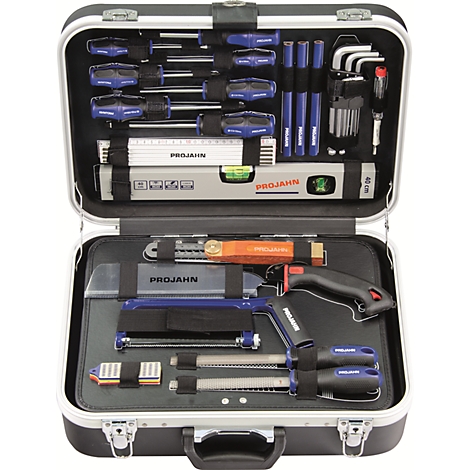 Mallette à outils avec divers outils à main, tels que tournevis, niveau à bulle et scies.