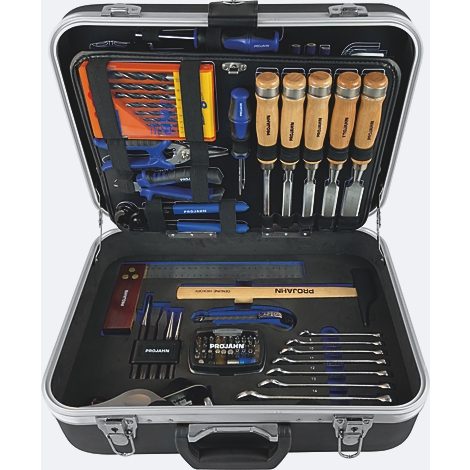 Boîte à outils ouverte avec divers outils : forets, tournevis, clés et ciseaux.