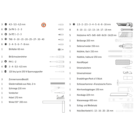 Photo en noir et blanc d'une liste d'outils avec divers outils et spécifications de taille, tels que des tournevis, des pinces, des rabots et plus encore. Énumérés avec leurs dimensions.