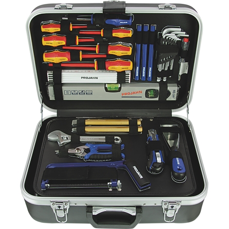 Mallette à outils ouverte, remplie de divers outils : clés, tournevis et niveau à bulle.