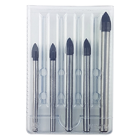 Fünf Glasbohrer in einer transparenten Plastikverpackung. Jede Bohrspitze ist schwarz und konisch.