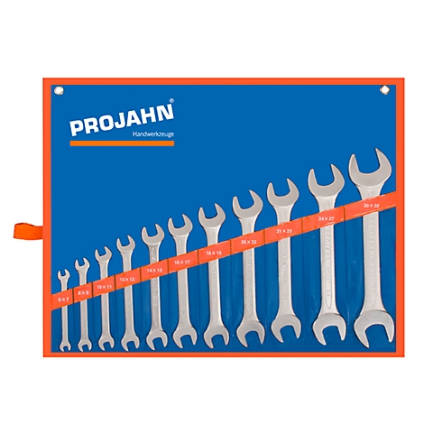 Wrench set on a blue background, labeled with sizes.