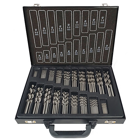 Zwarte gereedschapskist met meerdere boorbits in verschillende maten. Het deksel toont de boormaten in mm.