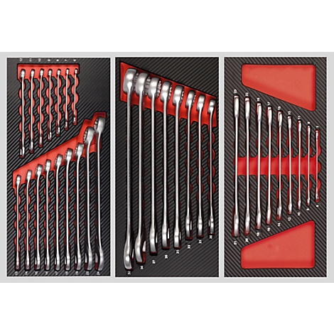 Tool case with various wrenches arranged in red holders on a dark, textured background.