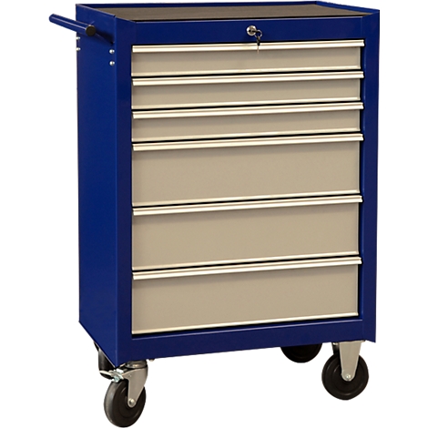 Blue and gray tool cabinet with drawers. It has wheels and a handle.