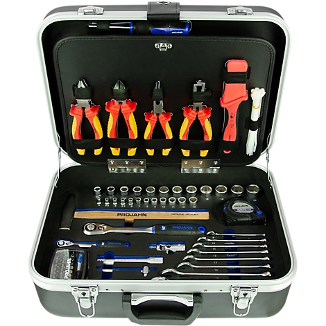 Ein geöffneter Werkzeugkoffer mit verschiedenen Werkzeugen: Zangen, Schraubenschlüssel, Steckschlüsselsatz, Hammer und mehr.