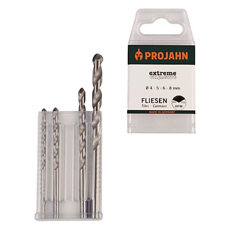 Meerdere tegelsboren in plastic verpakking met een label met productinformatie.