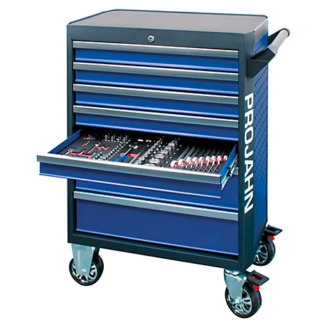 Blue tool chest with an open drawer. Tools are inside. The word "PROJAHN" is on the side. The chest is on wheels.