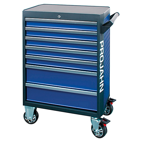 Blue tool cart with 6 drawers and wheels.