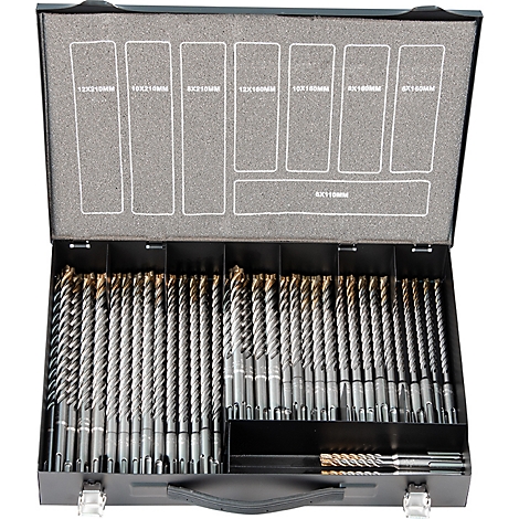 Borenset in een zwarte metalen koffer, gesorteerd op maat. Inscriptie: 12x310mm, 10x210mm, 8x210mm, 12x160mm, 10x160mm, 8x160mm, 6x160mm, 6x110mm.