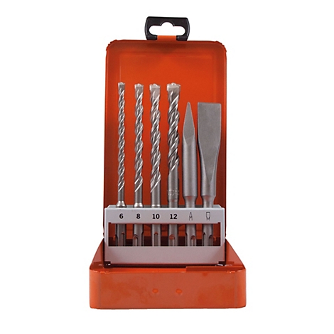 Bohrer-Set in orangefarbener Box. Enthält verschiedene Bohrer und Meißel. Aufgedruckte Zahlen kennzeichnen die Größen.
