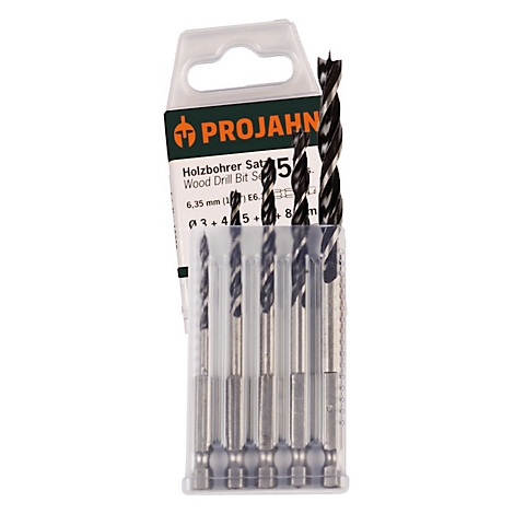 Holzbohrer-Set in transparenter Plastikverpackung. Schwarze Bohrer mit silbernen Schäften, PROJAHN-Logo und Produktnamen.