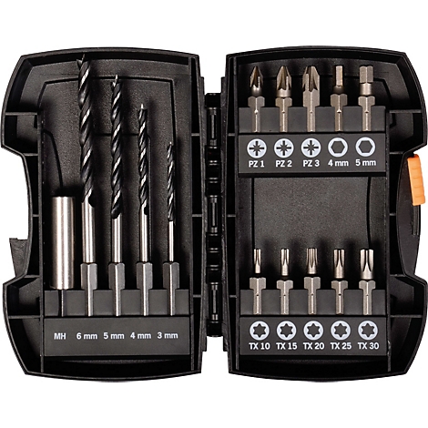 Zwarte gereedschapskist met boren en bits. Inclusief schroevendraaier, torx, zeskant en kruiskop bits.