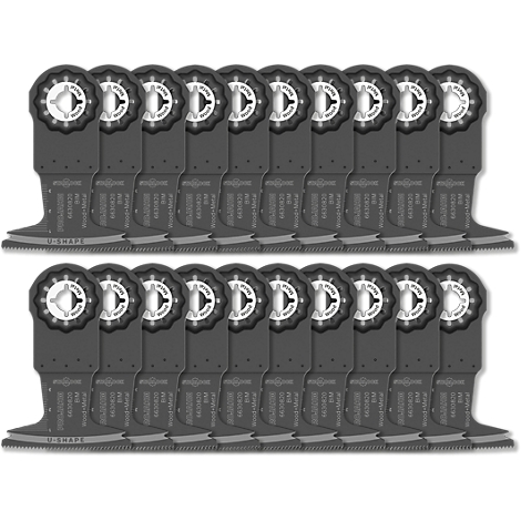 Meerdere zaagbladen, grijs en zwart, gerangschikt in twee rijen.