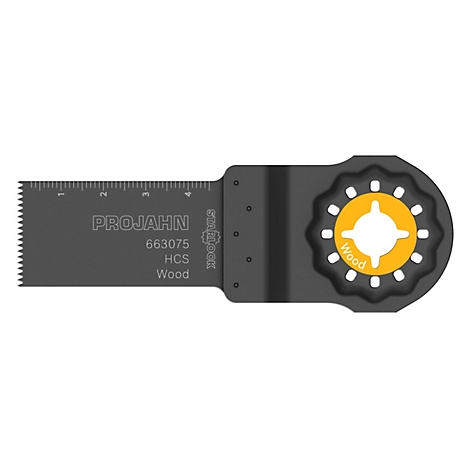 Een zwart zaagblad voor hout. Voorzien van een meetschaal en het opschrift PROJAHN.