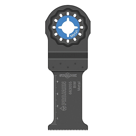 Metalen zaagblad. Grijs gereedschap met blauwe cirkel met "Metal". Tanden aan het uiteinde. Schaal op de schacht.