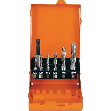 Boîte à outils orange avec jeu d'extracteurs de vis. Support noir avec marquages de taille.