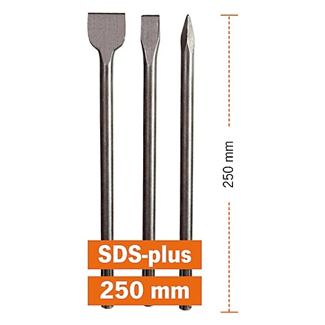 Trois burins avec des pointes différentes. À côté, une échelle indiquant la longueur de 250 mm. Une enseigne orange indique "SDS-plus 250 mm".