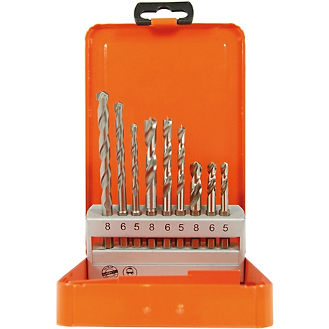 Boîte à outils orange avec des mèches, rangée de mèches avec indications de taille : 8, 6, 5.