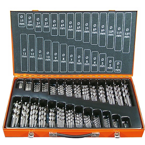 Boîte à outils orange avec de nombreux embouts de perceuse de différentes tailles.