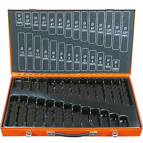 Boîte à outils orange avec jeu de mèches, étiquetée avec des tailles en mm. Insert en mousse noire avec des évidements pour les forets.