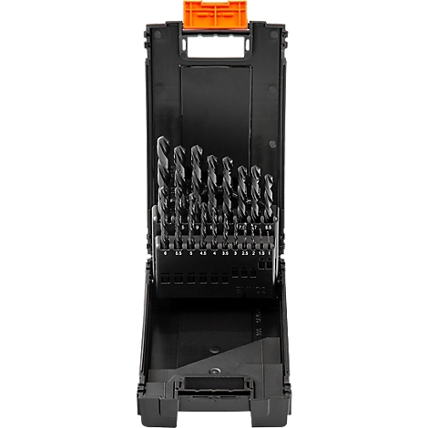 Mallette de forets noire avec fermeture orange. Divers forets sont à l'intérieur.