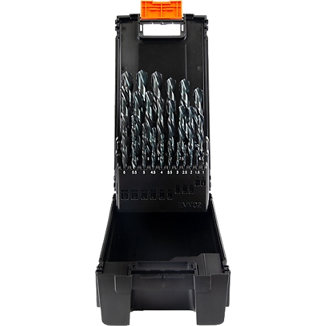 Ensemble de mèches noires dans une boîte ouverte avec une poignée orange. Les mèches sont disposées et étiquetées.