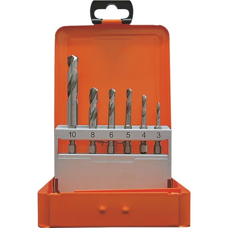 Jeu de mèches dans une boîte orange. Mèches triées de 3 à 10 mm. Le plus grand foret est étiqueté 10 mm.