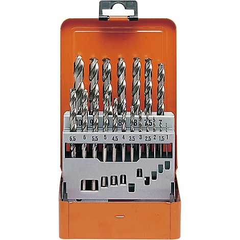 Jeu de mèches dans une boîte métallique orange. Mèches de différentes tailles, disposées dans un support en plastique gris. Des chiffres imprimés indiquent les tailles des mèches.