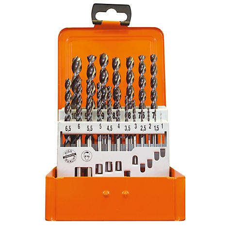 Un ensemble de mèches à métaux dans une boîte orange. Différentes tailles sont disposées en rangée et étiquetées.