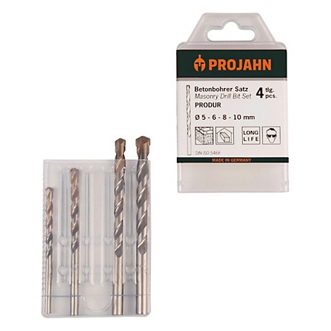 Jeu de mèches dans un récipient et un emballage en plastique transparent. Étiquette : PROJAHL. Jeu de mèches à béton, 4 pièces. 05-6-8-10 mm. Fabriqué en Allemagne.