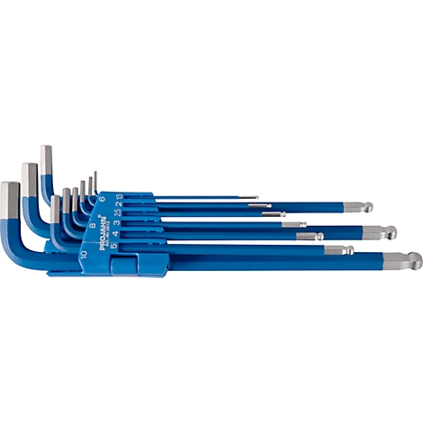 Set of blue Allen wrenches with silver tips and ball ends.