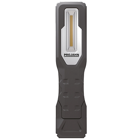 Donkergrijze LED-werklamp met zilveren accenten en het opschrift "PROJAHN".