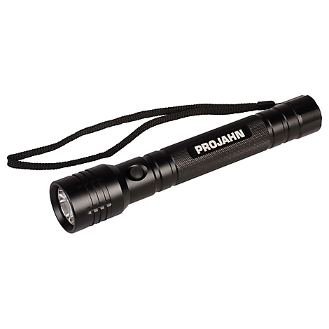Schwarze Taschenlampe mit Schriftzug PROJAHN und Handschlaufe. Auf weißem Hintergrund.