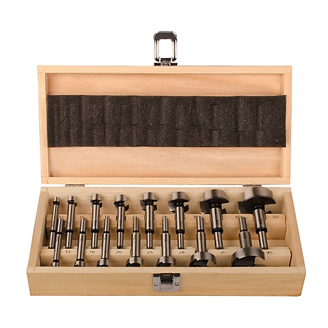 Coffret en bois avec des scies cloches, ouvert sur fond blanc. Différentes tailles sont visibles.