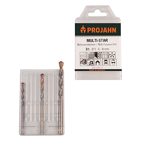 Mehrzweckbohrer-Set in Verpackung. Rechts die Verpackung mit Aufdruck, links die Bohrer im Kunststoffhalter.