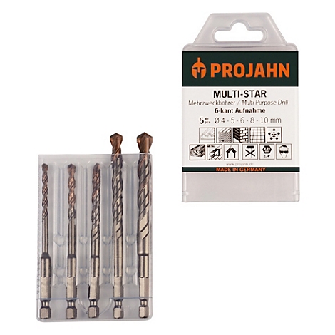 Mehrzweckbohrer-Set mit Verpackung, fünf Bohrern, Produktname und technische Daten.