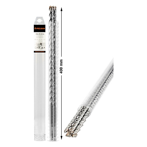 Set multifunctionele boren in transparante verpakking. Een pijl geeft de lengte van 400 mm aan. Verschillende boren zijn van binnenuit zichtbaar.