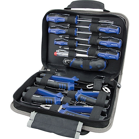 Open toolbox with screwdrivers and pliers, blue and black. Handles bear the inscription PROJAN.