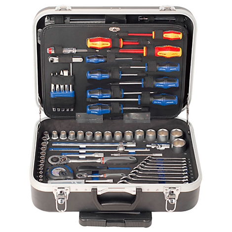 Open toolbox filled with various tools: wrenches, screwdrivers, sockets.