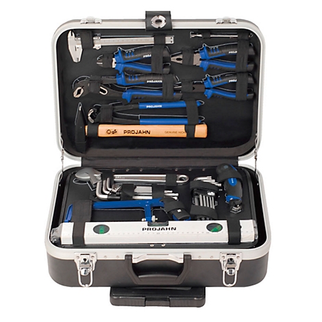 Open toolbox. Contains: pliers, hammer, level, wrenches.
