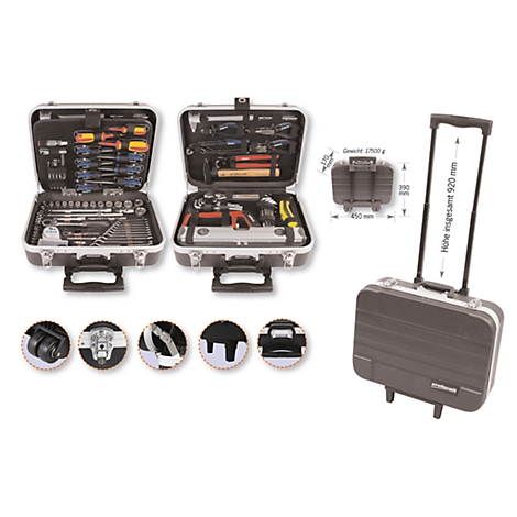 Tool case, opened and closed, with tools, close-ups of details, case with extendable handle.