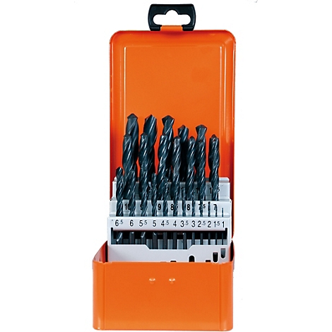 Oranje boorbitdoos, open. Boren van verschillende maten zijn gerangschikt in een houder.