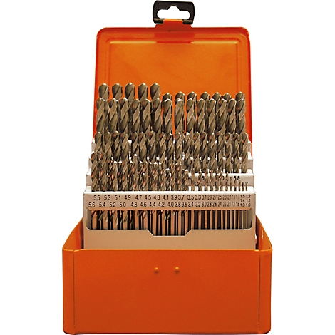 Oranje boorbox gevuld met boren. Gelabeld met maatdetails.