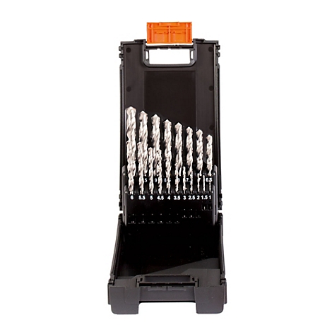 Een open zwarte borenbox met diverse boorbitjes en maatmarkeringen, oranje sluiting.
